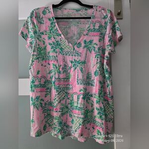 Pink and Green Tropical Print V-Neck Top